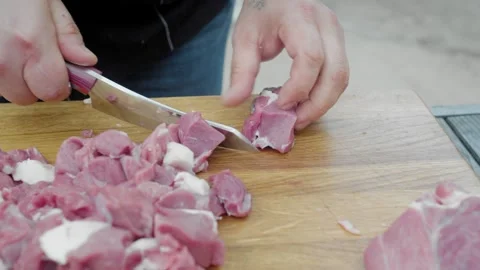 Appetizing selected meat of young ram cutting in camp Video stock 248044606