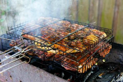 Appetizing shish kebab cooked on the coals of fruit trees. August 2017 Stock Photos