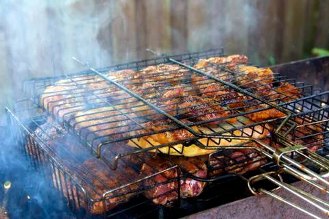 Appetizing shish kebab cooked on the coals of fruit trees. August 2017 Foto stock
