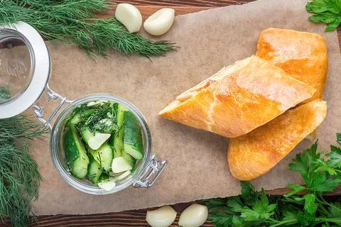 An appetizing snack made from lightly salted cucumbers. Restaurant service co Stock Photos
