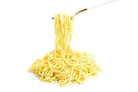 Appetizing spaghetti scoop up with a fork isolated on a white background Foto stock