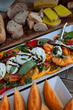 Appetizing Summer brunch on the terrace Stock Photos