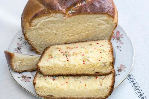 Appetizing sweet white bread on the plate. Stock Photos
