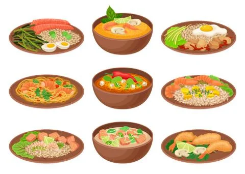 Appetizing Thai Food Served on Ceramic Plates Side View Vector Illustration Stock Illustration