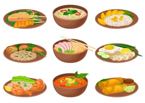 Appetizing Thai Food Served on Ceramic Plates Side View Vector Illustration Stock Illustration
