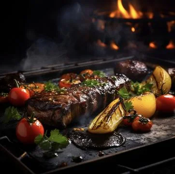 Appetizingly arranged on a dark background, features grill meat chunks, potatoes Stock Photos