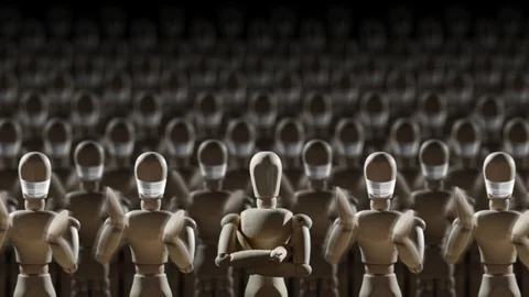 Applauding crowd in face masks with one sceptical man with crossed arms  Stock Footage 127188881