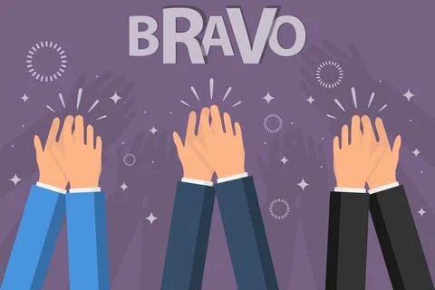 Applauding hands with bravo text and sparkles on purple background flat Illustrazione stock