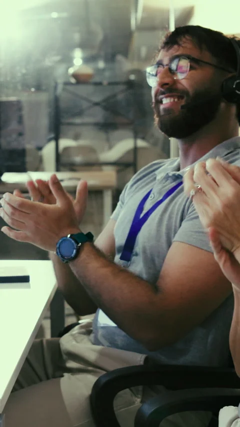 Applause, celebration and headset with man in office for air traffic controller Stock Footage 319246304