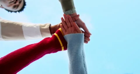 Applause, hands and huddle with friends on blue sky together for solidarity or Stock Footage 312660346
