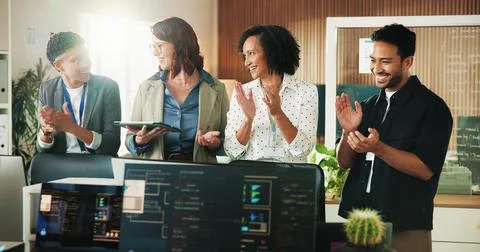 Applause, programmer and tablet with business people in office for app deve.. Stock Photos