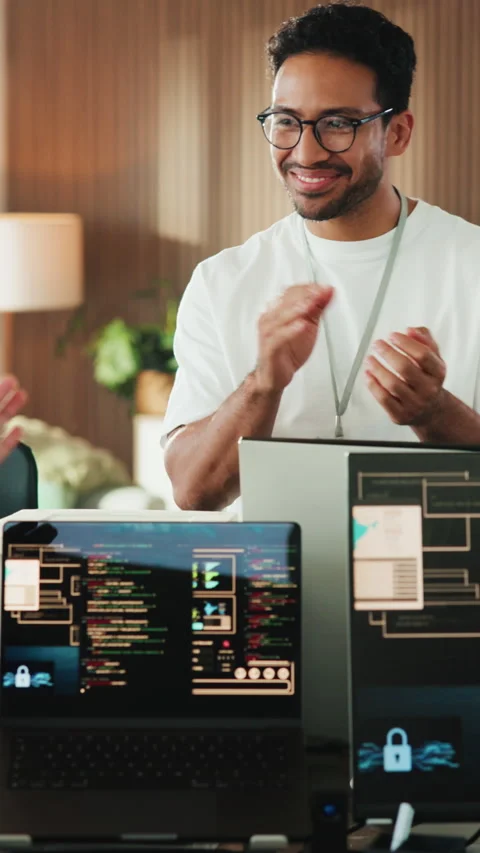 Applause, software engineer and people with computer screen in office for code Vídeo Stock 342237980