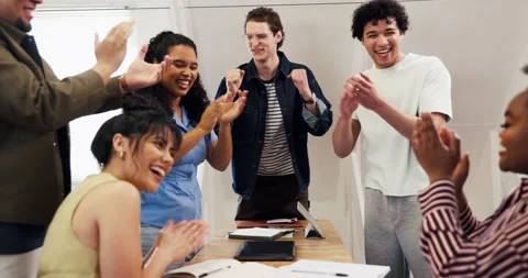 Applause, team or excited in office for creative award recognition, exclusive Stock Footage 346754900