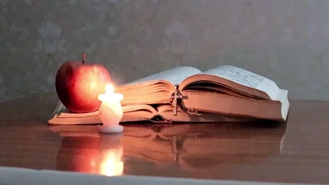 Apple and book Stock Footage 342214779