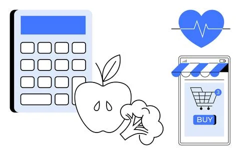 Apple and broccoli represent healthy eating alongside a calculator. Mobile sh Stock Illustration