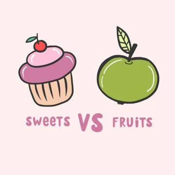 Apple and cake. Sweets versus fruits. Vector color illustration in cartoon st Stock Illustration