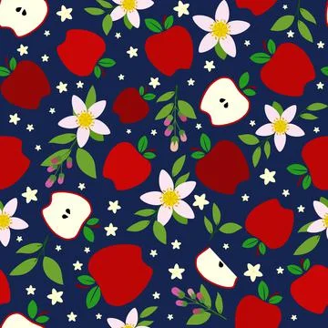 Apple and flowers flat design illustration, over dark blue background. Stock Illustration