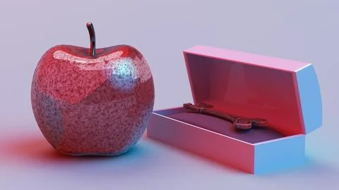 Apple and heart key in open box on surface 스톡 일러스트