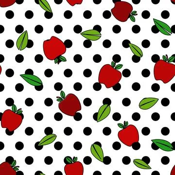 Apple and leafs large black polka dot background cartoon. Stock Illustration