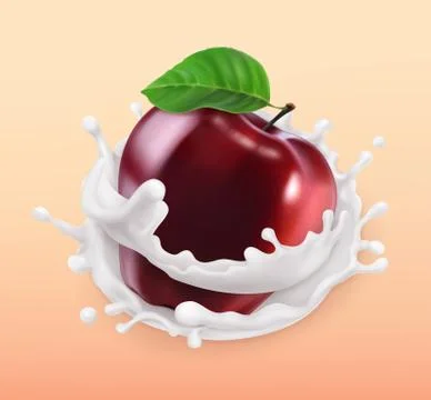 Apple and milk splash. Fruit and yogurt. Realistic illustration. 3d vector ic Stock Illustration