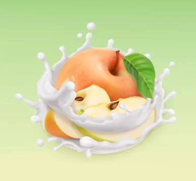 Apple and milk splash. Fruit and yogurt. 3d vector icon. Realistic illustrati Stock Illustration