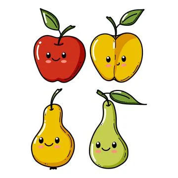 Apple and pear characters set with funny face. Happy cute cartoon collection of Stock Illustration
