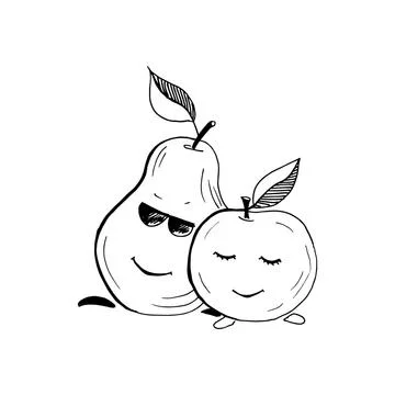Apple and pear, cute characters. Hand drawn sketch isolated on white. Doodle Stock Illustration