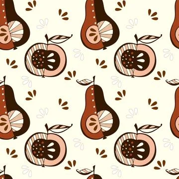 Apple and Pear pattern doodle hand drawn, brown autumn color. Illustrazione stock