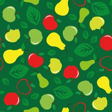 Apple and pear seamless pattern green background Stock Illustration