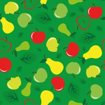 Apple and pear seamless pattern green background Stock Illustration