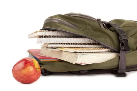 Apple and school backpack Stock Photos