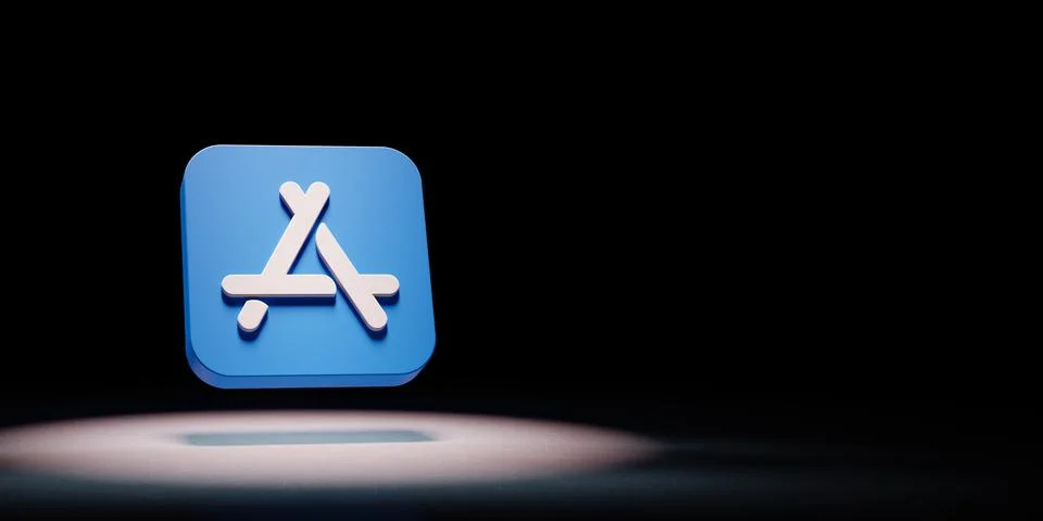 Apple App Store Icon 3D Symbol Shape Spotlighted on Black Background with Cop Illustrazione stock