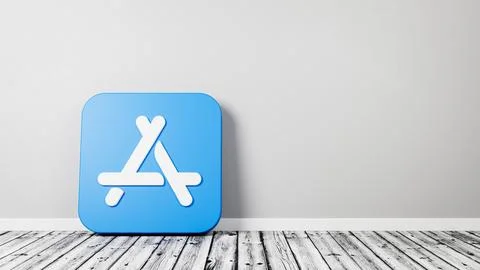 Apple App Store Icon 3D Symbol Shape on Wooden Floor Against Gray Wall with C Illustrazione stock