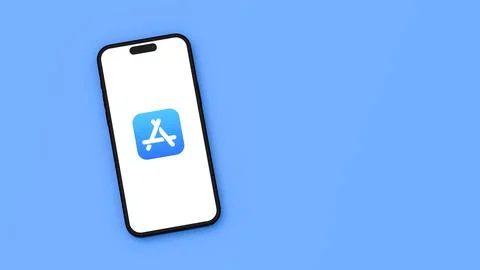 Apple App Store Logo on Mobile Phone Screen on Flat Blue Background with Copy Stock Illustration