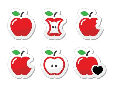 Apple, apple core, bitten, half vector labels set Stock Illustration
