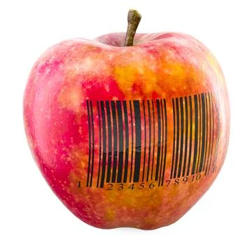 Apple with barcode label, 3D rendering Stock-Illustration