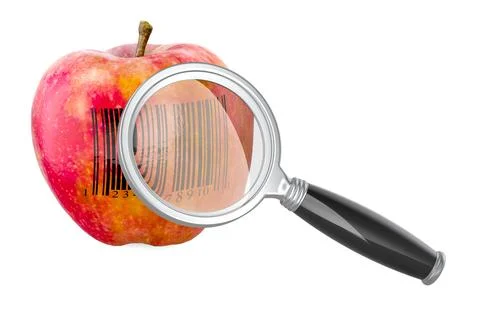 Apple with barcode label under magnifying glass, loupe. 3D rendering Stock Illustration