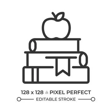 Apple on book stack pixel perfect line icon Stock Illustration