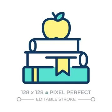 Apple on book stack pixel perfect line color icon Stock Illustration