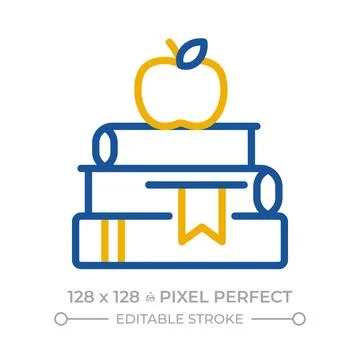 Apple on book stack pixel perfect two color line icon Stock Illustration