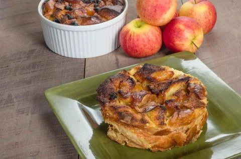 Apple bread pudding with raisins Stock Photos
