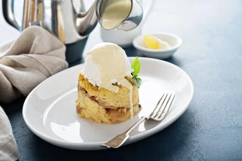 Apple bread pudding with vanilla ice cream Stock Photos