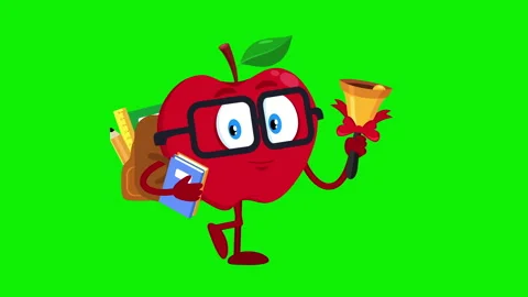 Apple Cartoon Character Student Walking With School Backpack Ringing Bell Stock Footage 333325380
