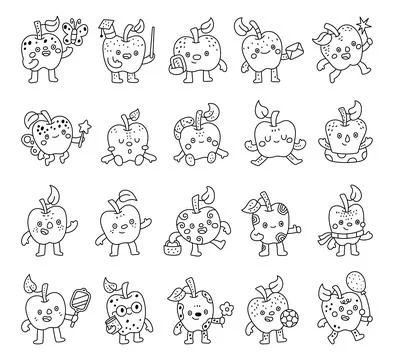 Apple character set in outline line art Stock Illustration