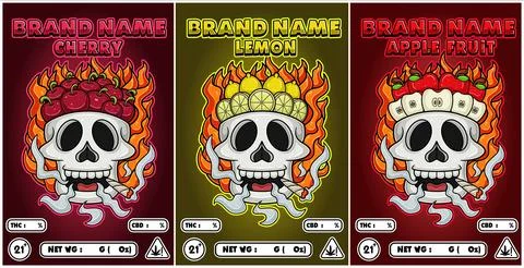 Apple, Cherry and Lemon Fruit Strains in Flaming Skull Head and Smoking Mas.. Stock Illustration