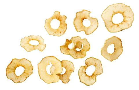 Apple chips are falling on a white background. Isolated Foto stock