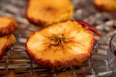 Apple chips on the grill of the dryer, close-up, selective focus. Stock Photos