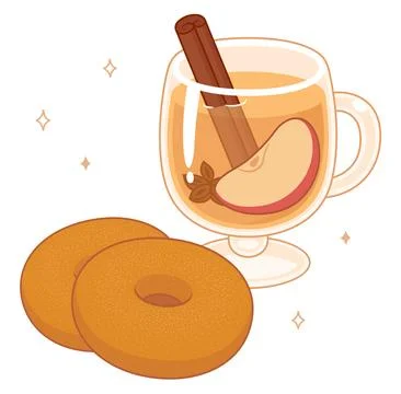 Apple cider donuts and hot drink cartoon illustration Stock-Illustration
