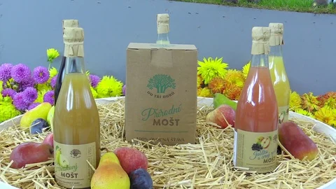 Apple cider, high quality pear in glass bottles, very tasty and healthy Stock Footage 81576159