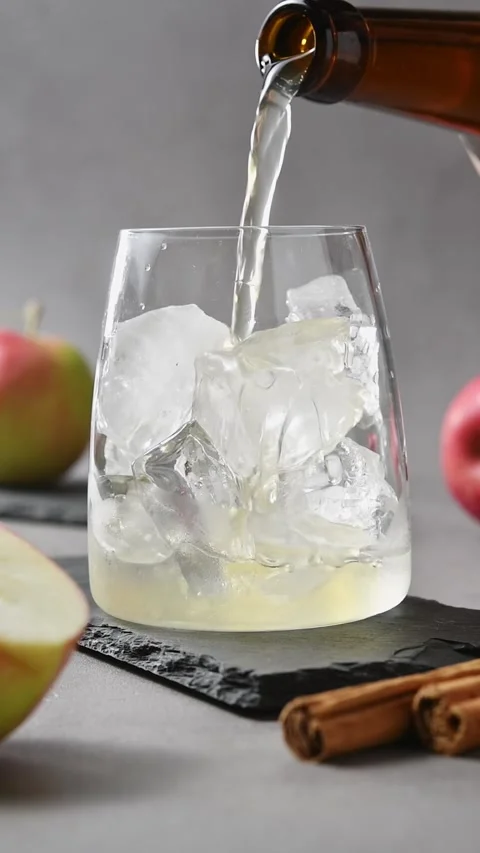 Apple cider pours over ice into glass during preparation of apple cider cold Stock Footage 345556982
